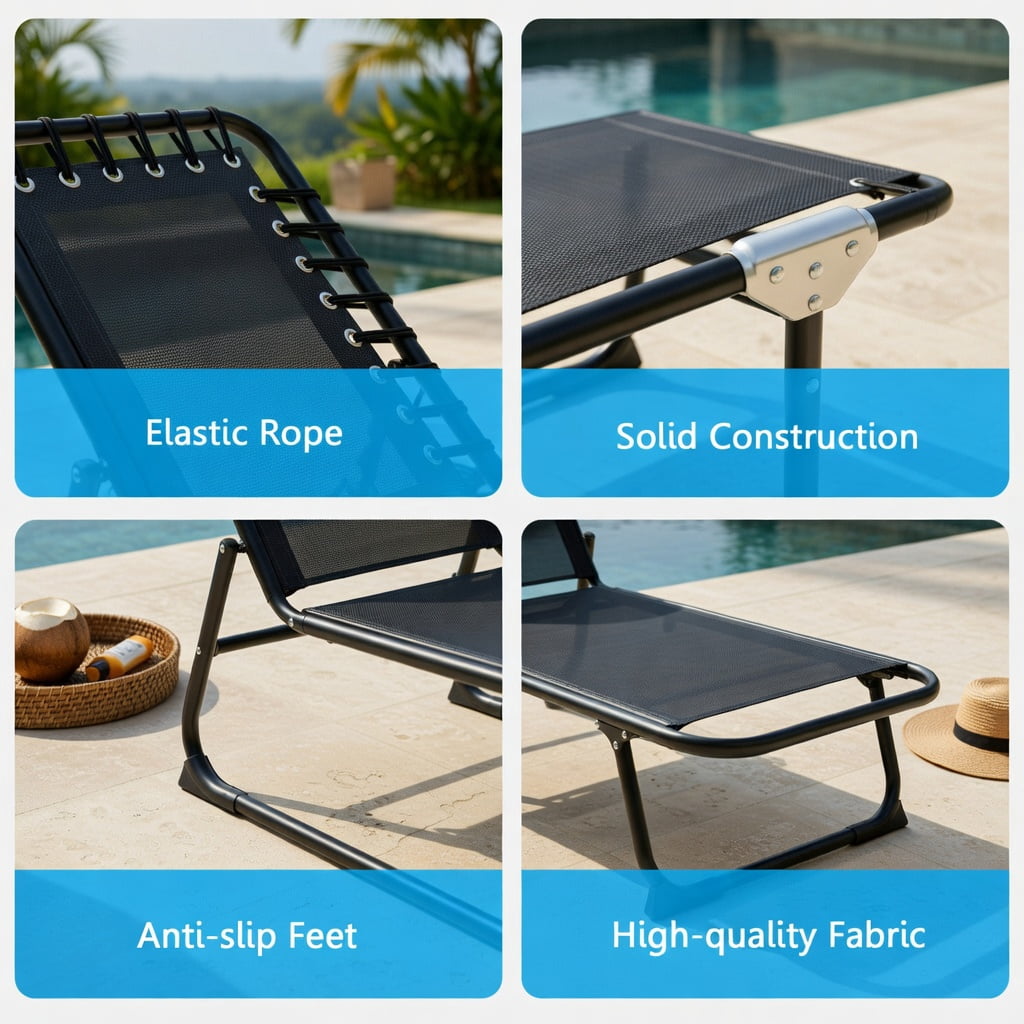 Hommoo Foldable Steel Beach Lounge Chair with Adjustable Backrest & Comfort Pillow, Heavy-Duty Outdoor Chaise for Patio, Lawn, Poolside, Black