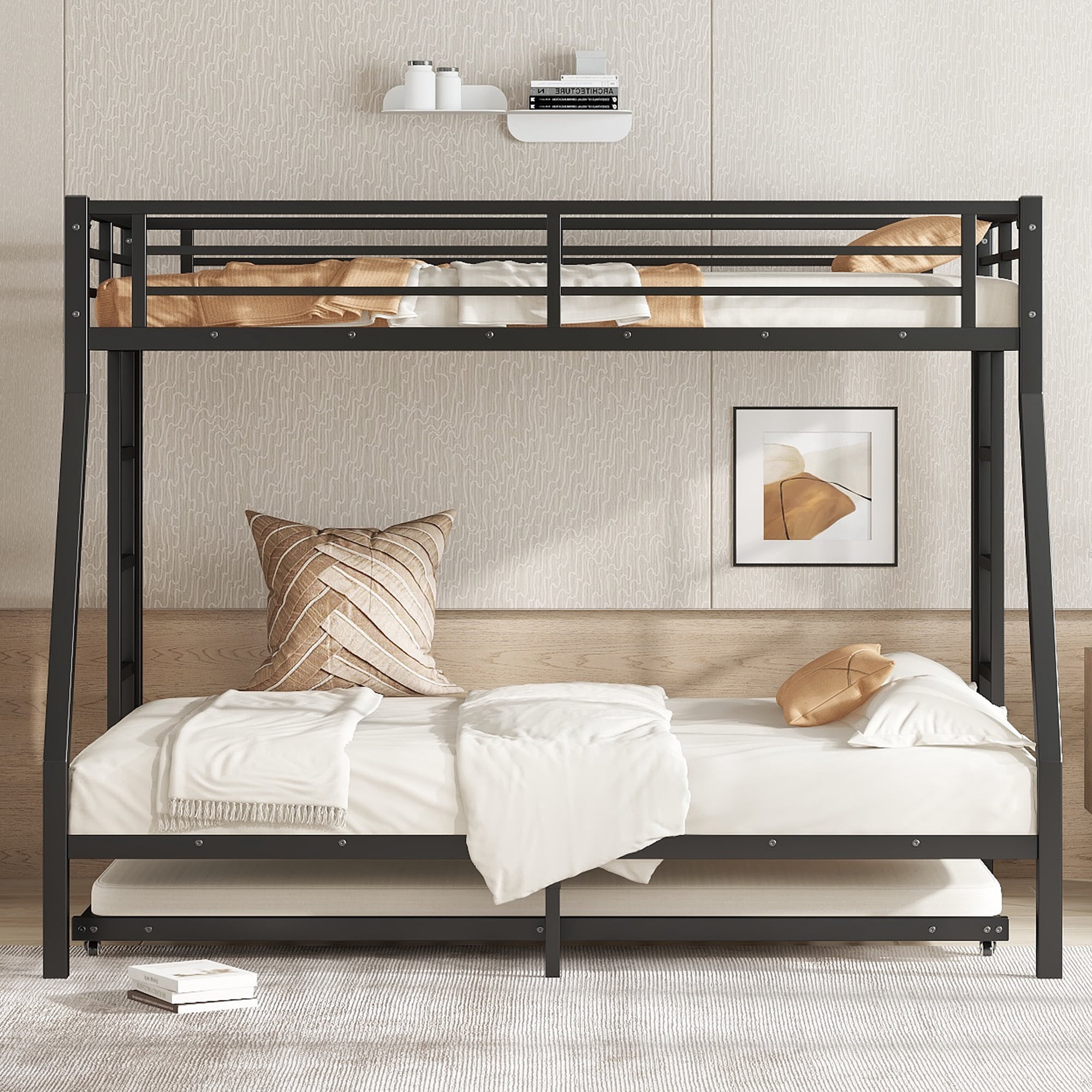 Leumius Metal Bunk Bed with Trundle,Twin over Full Bunk Bed with with Ladder & Guardrails,Heavy-Duty Bunk Bed Frame for Kids/Teens/Adults,Space-Saving/Noise Reduced/No Box Spring Needed,Black