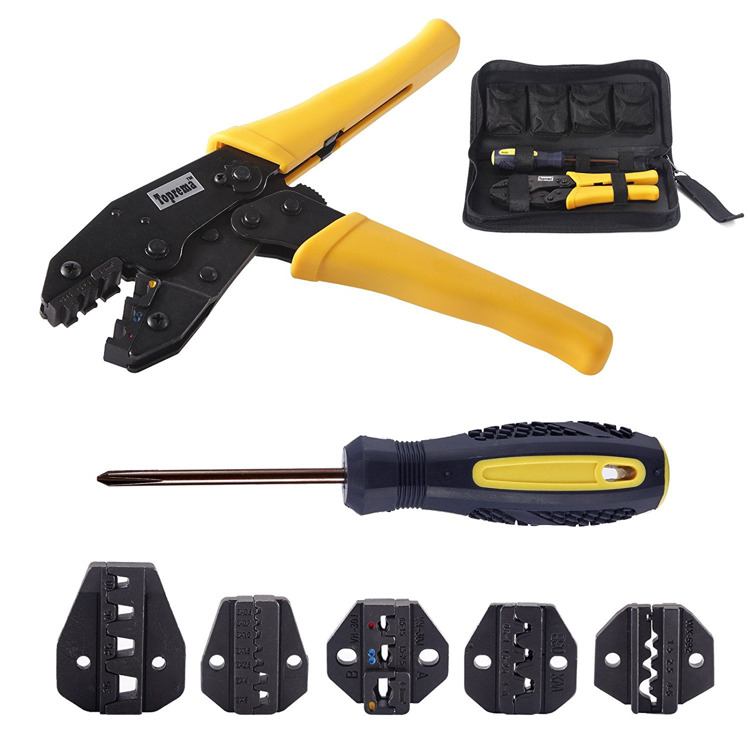 PROFESSIONAL RATCHET ELECTRICAL TERMINAL CRIMPING KIT 5 INTERCHANGEABLE HEADS 