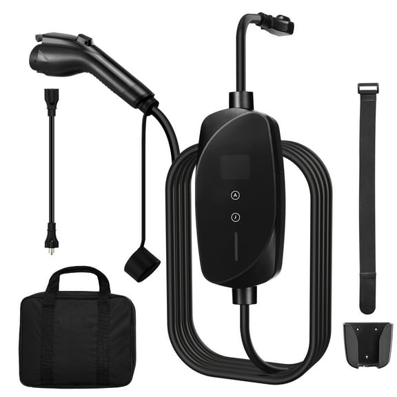 KFFKFF Level 1 & 2 EV Charger, 16 Amp Adjustable Current, Portable Electric Vehicle Charger with 25 ft Cable, 120V-240V, NEMA 6-20P Plug and NEMA 5-15 Adapter, LCD Display