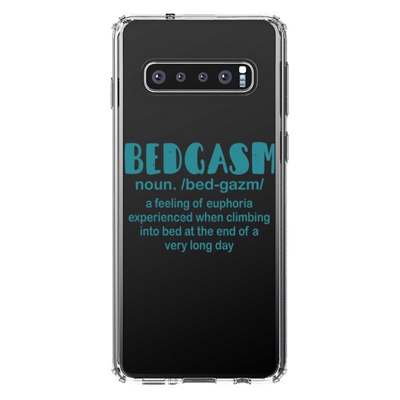 DistinctInk Clear Shockproof Hybrid Case for Samsung Galaxy S10 (6.1" Screen) - TPU Bumper Acrylic Back Tempered Glass Screen Protector - Bedgasm Definition Climb in Bed Lon Day