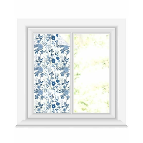Window Privacy Film Flower Bird Stained Glass Window Film Decorative Sun Block Window Cover Vintage Blue Garden Country Wildflower Window Clings Static Adhesive Sticker for Bathroom 19.6"x39.3"