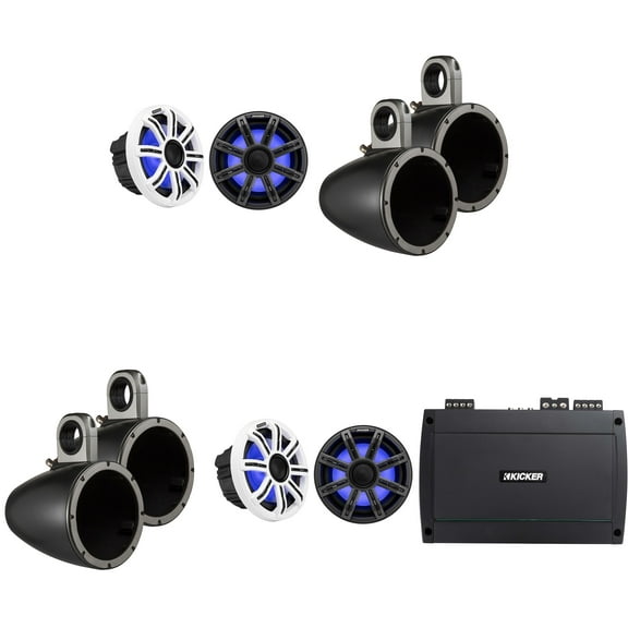Kicker Premium Marine 8" 51MSC8 (2 Pair ) With 43KMTES8B (2 Pair) Black Enclosures Includes 48KXMA8004 Amp, UTV / Wake Boarding