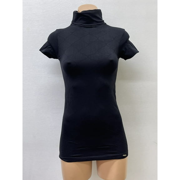 Women Seamless Short Sleeve Turtle Neck Diamond Texture Material Blouse Top Stretch Tee Shirts