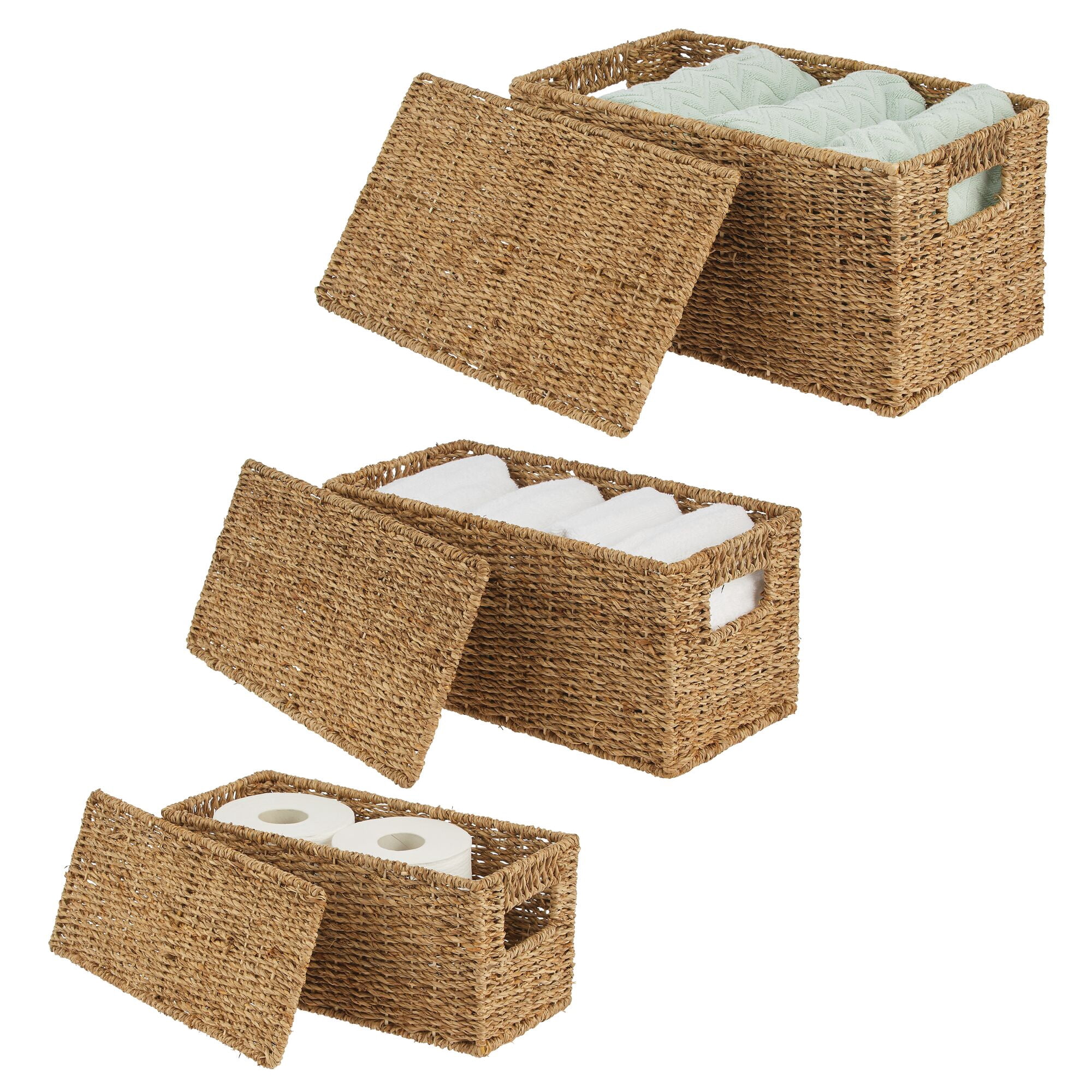 mDesign Woven Seagrass Home Storage Basket with Lid, Set of 3 - Natural Finish