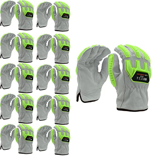 10-Pack of Cordova 8506L Caliber-GT Grain Goatskin Driver Work Gloves, HPPE/Steel Fabric Lined, Keystone Thumb, Lime TPR Protectors, ANSI Cut Level A5, ANSI Impact Level 1, Large
