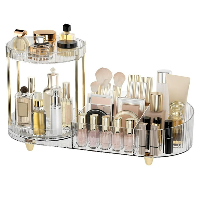 Organizador de maquillaje Lulltou para encimera, giratorio, con espacio de almacenamiento, transparente