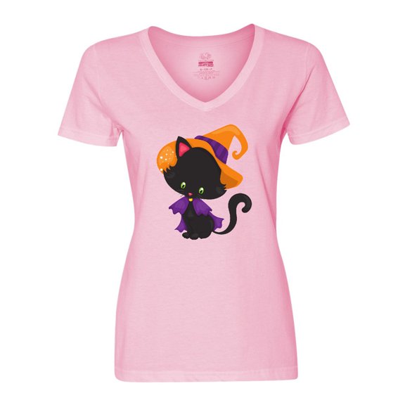 Inktastic Black Cat, Cat Wearing Witch Hat, Halloween Women's V-Neck T-Shirt