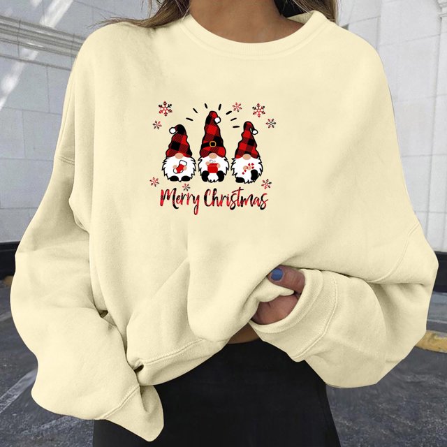 Qertyioot Pull d'Hiver Mode Femme Imprimé de Noël, Manches Longues Col Rond Chaud Ample Tendance Hauts Tricotés