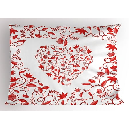 Frame Pillow - Valentines Day Pillow Sham Paisley Floral Details with Leaves and Roses in a Shape of Heart Frame Image, Decorative Standard Size Printed Pillowcase, 26 X 20 Inches, Red, by Ambesonne