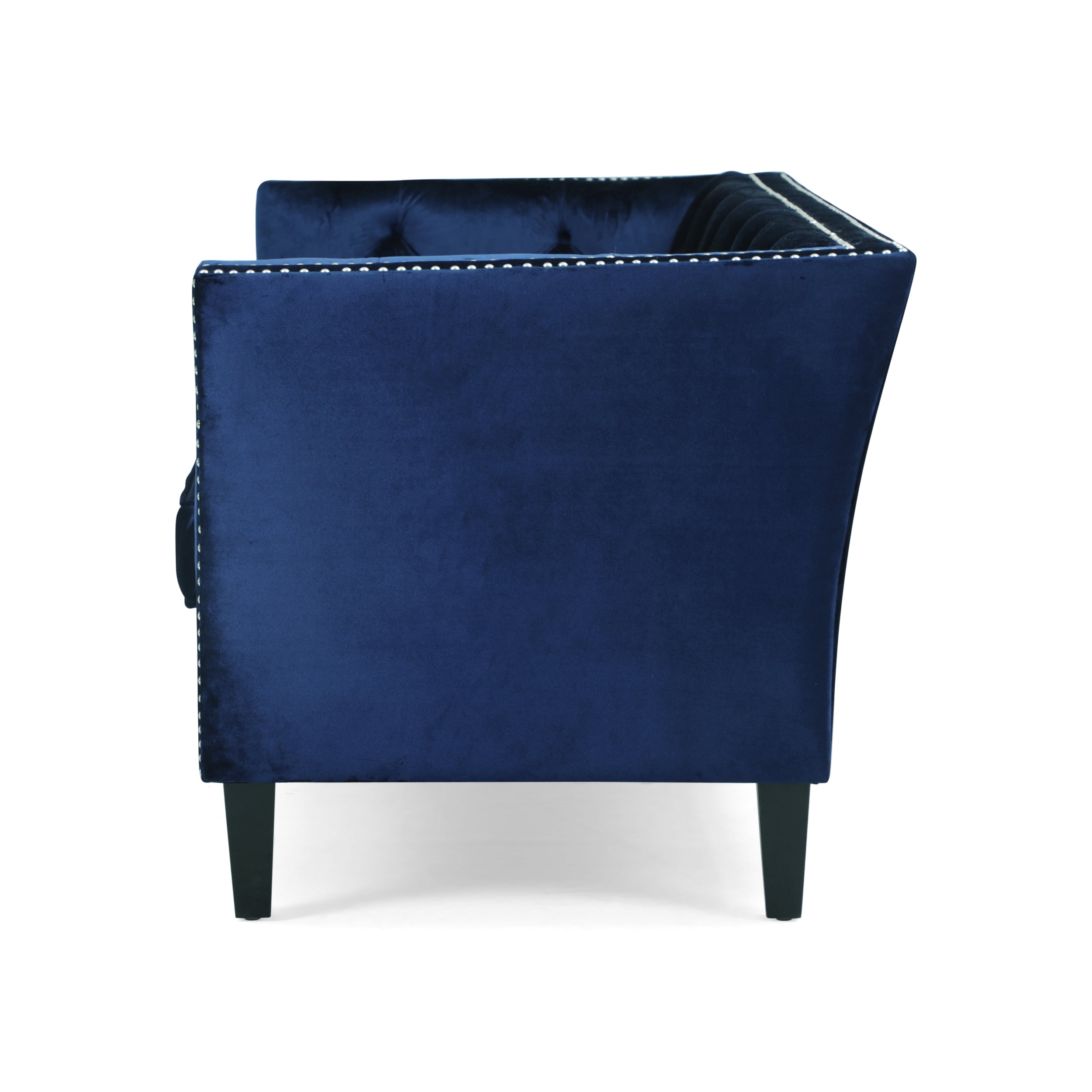 Noble House Claridge Button Tufted Velvet Sofa, Midnight Blue, Dark Brown