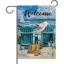 Welcome Summer Blue Sea Ocean Chairs Myosotis Sylvatica Flower Beach Garden Flag, Coastal Nautical Seagull Sailboat Bag Hat Decorative House Yard Outdoor Small Decor, Tropical Home Outside