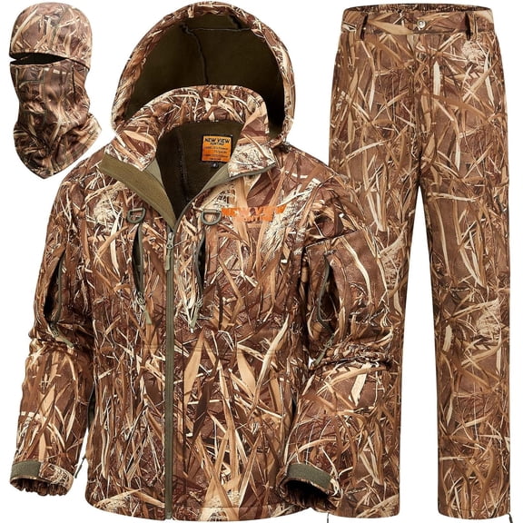 NEW VIEW Camo Hunting Clothes for Men, Quiet Warm Fleece Lining, Cold Weather Duck Hunting Jacket and Pants with Face Mask (Reeds Camo L)