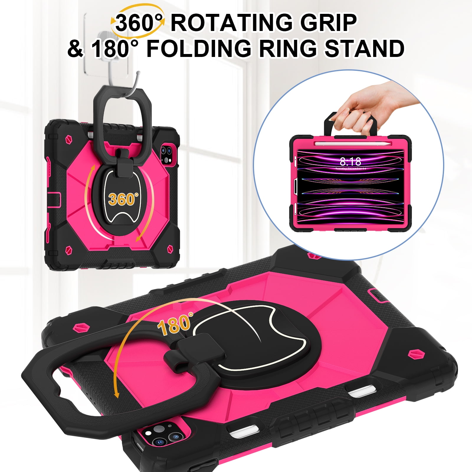 Shockproof Case for Apple iPad Pro 13 M4 2024, Build in Pencil Holder Rotating Stand Shoulder Strap Bumper Shockproof Rugged Kids Friendly Case Cover for iPad Pro 13 Inch M4 2024, Rose