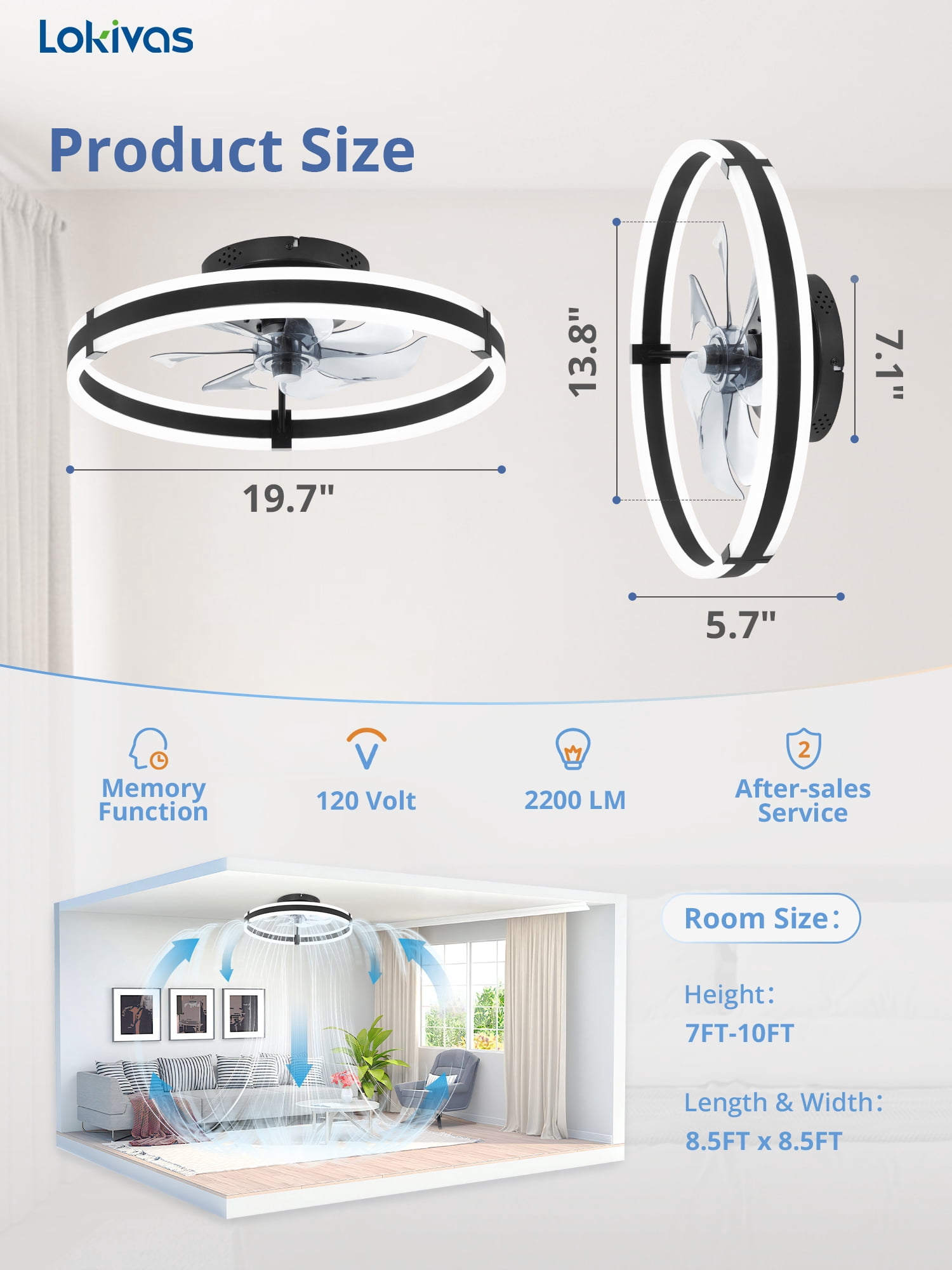 Lokivas 20" Black Modern Ceiling Fan with Light, Flush Mount, Quiet 6 Speeds, Dimmable LED, App and Remote Control for Indoor