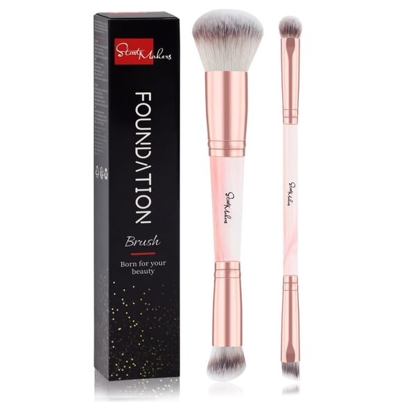 DUAIU Set de 2 Pinceles Doble Cabeza - Brochas Kabuki y Rubor, Base y Sombra - Brochas Sintéticas Premium para Maquillaje Facial (Rosa)