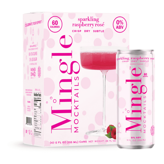 Mingle Mocktails Non-Alcoholic Sparkling Raspberry Rose Mocktail, 4 Pack, 12 fl oz Sleek Aluminum Cans, 0.00% ABV