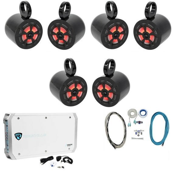 (6) Rockville RKL65MBW 6.5" 700w Marine Wakeboard LED Speakers Amplifier Amp Kit