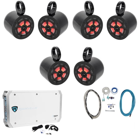 (6) Rockville RKL65MBW 6.5 700w Marine Wakeboard LED Speakers+Amplifier+Amp Kit