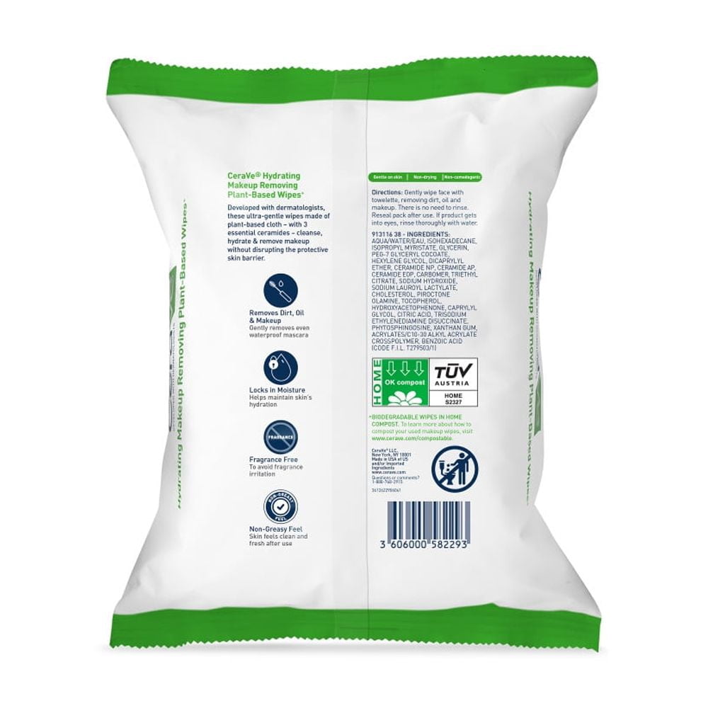 CeraVe Makeup Remover Hydrating Plant-Based Fragrance Free Non-Comedogenic Sensitive Skin Tested Biodegradable Wipes, 25 Count
