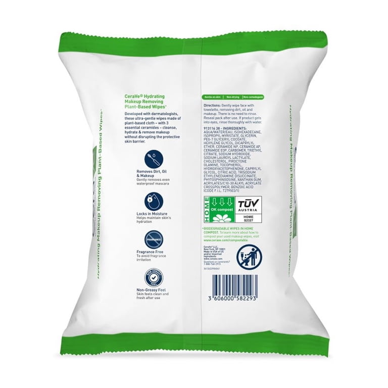 CeraVe Hydrating Makeup Remover Plant-Based Wipes, 25 Count photo 2