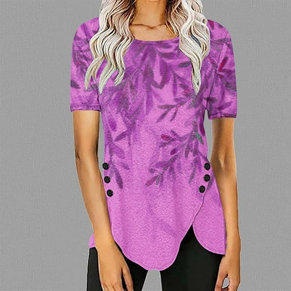 WXLWZYWL Tops for Womens Plus Size Round Neck Short Sleeve Blouses Floral leaves Printing Button Down Casual Loose Summer Tunic Shirts