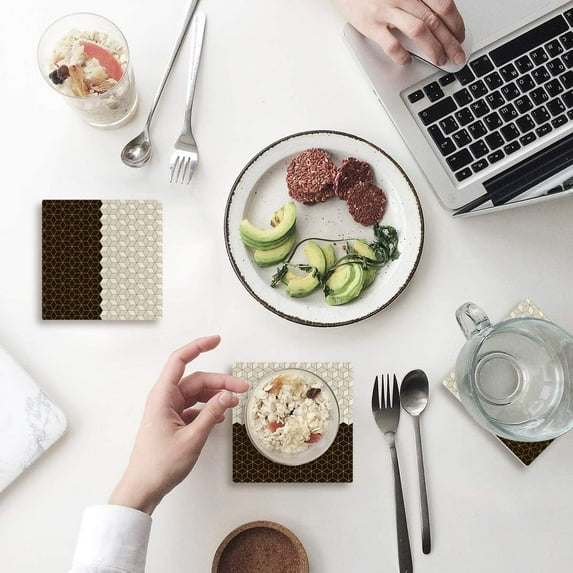 FMSHPON Modern Geometric Grid Pattern Set of 8 Coaster for Drinks, Absorbent Ceramic Stone Coasters Cup Mat with Cork Base for Home Kitchen Room Coffee Table Bar Decor