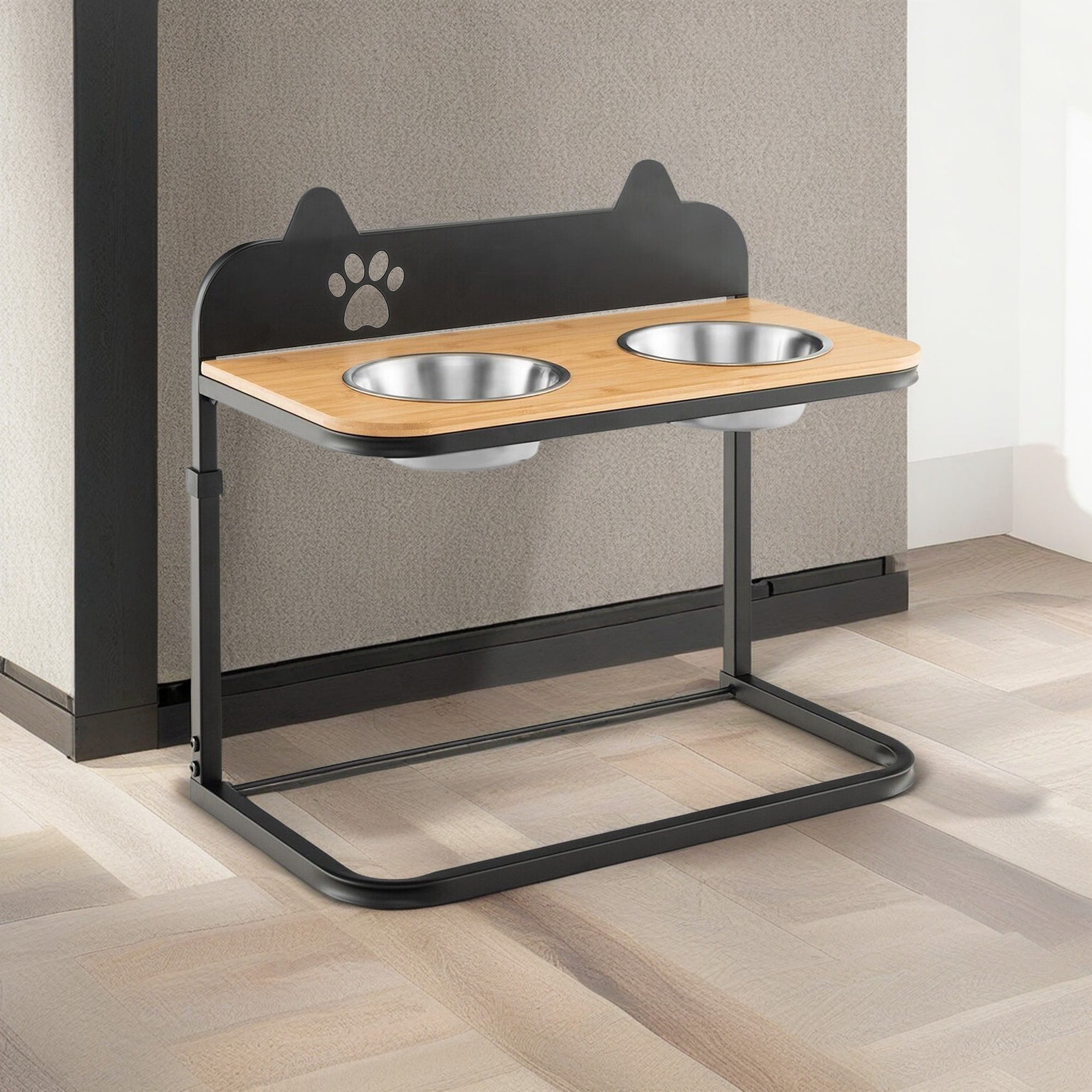 Pefilos 12"-16" Elevated Pet Feeder with 2 Stainless Steel Dog Bowls for Feeding Small Medium Dogs Cats Puppies, Black