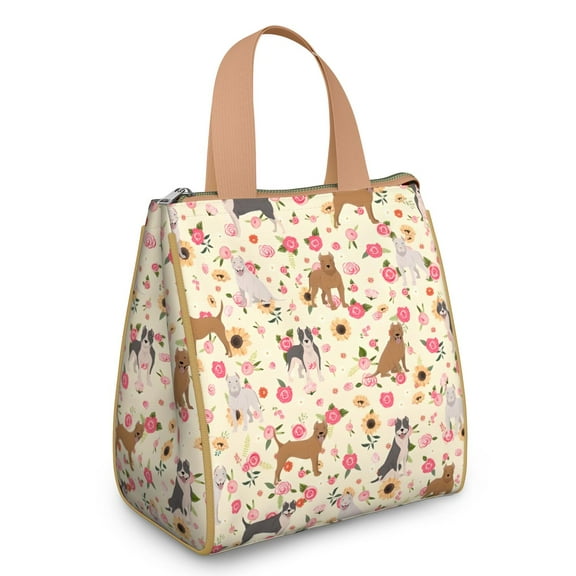 Pitbull Dog and Flower Floral Insulated Lunch Bag for Women & Adults,Large Portable Soft Cooler Lunch Bag,Thermal Food Storage Tote with Pearl Cotton,8.66L,8.75x5.75x9.5 Inch