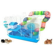 2-Level Hamster Cage Gerbil House Habitat Kit Small Animal Travel Carrier with Solid Platform, Ladder, Exercise Wheel, Play Tubes, Water Bottle and Food Dish