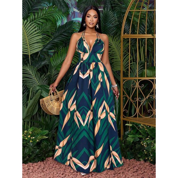 Dark Green Tropical Print Halter Maxi Dress with Deep V Neck and Backless