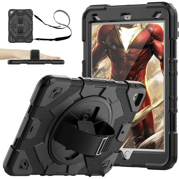 Case for iPad 9th/ 8th/ 7th Generation Case, Full-Body Shockproof Case with Screen Protector, 360 Rotating Hand Strap &Stand, Black