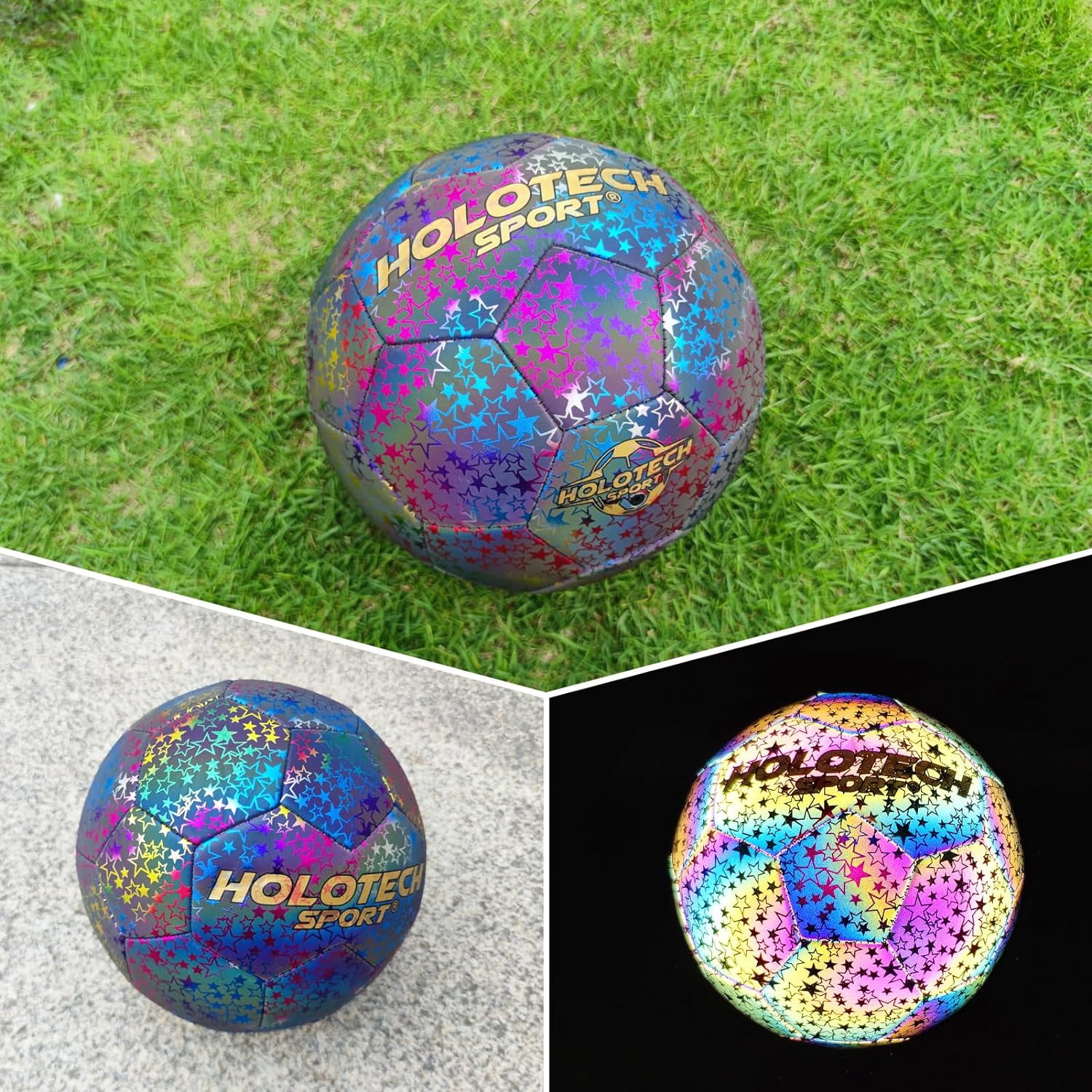 WTOPSBO Soccer Ball Size 4/5, Holographic Reflective Glowing Soccer Ball, Bright PU Leather Soccer Balls for Night Games,Training, Ideal Gifts for Soccer Fans with Pump