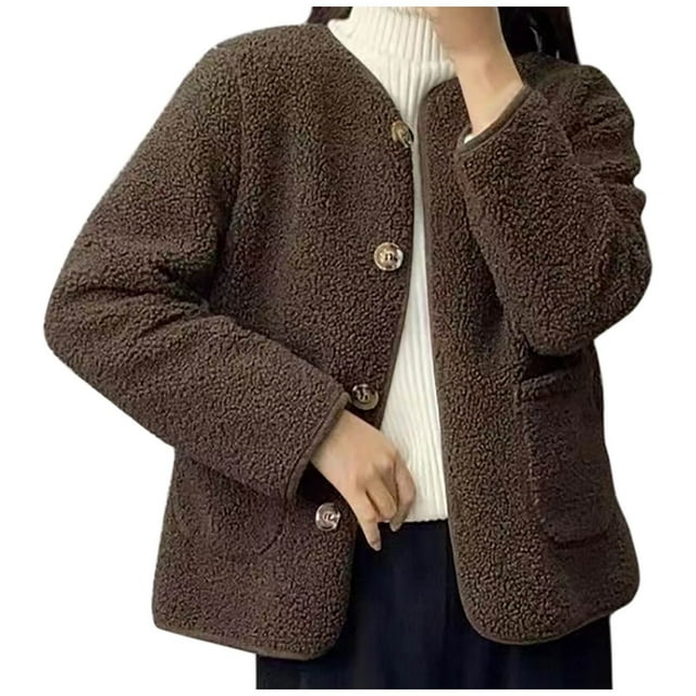 HVOBTTY Manteau de Mode à Manches Longues pour Femmes, Veste Ample à Col Rond en Laine d'Agneau pour Femmes, Café, TTG