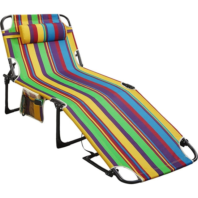 ZXNYH Folding Lounge Chair for Outside, Chaise Lounge for Outdoor, Tanning Chair with 4-Position Backrest, Sun Lounger Chair with Detachable Pillow, Fabric Bag, for Pool, Garden - Deep Blue