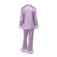 thumbnail image 5 of Women Silk Satin Pajamas Set Button Down Long Sleeve Sleepwear Feather Trim Nightwear Loungewear Pj Set, 5 of 6