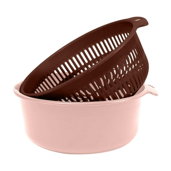 2 In 1 Kitchen Colander Set, Fruit Washing Bowl Fruit Strainer Bowl Wirh Hanging Hole, Double Layered Drain Basket for Fruits Vegetables,7.3X3In（Pink）