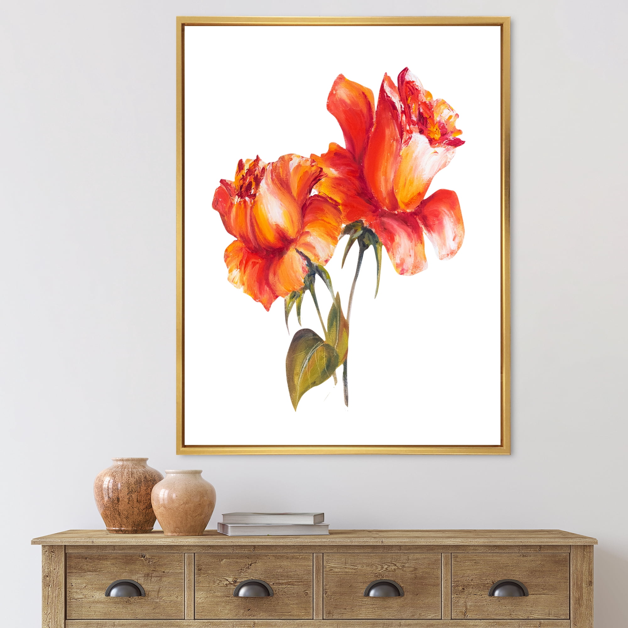 Designart 'Two Blossoming Red Roses On White' Traditional Framed Canvas Wall Art Print