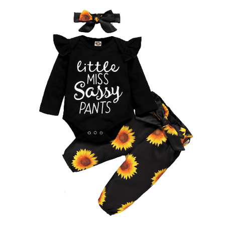 

NZRVAWS Baby Girls Outfits 0 Months Baby Girls Letter Print 3 Months Baby Girls Romper Top Sunflower Print Pants Headband 3Pcs Winter Clothes Set Black
