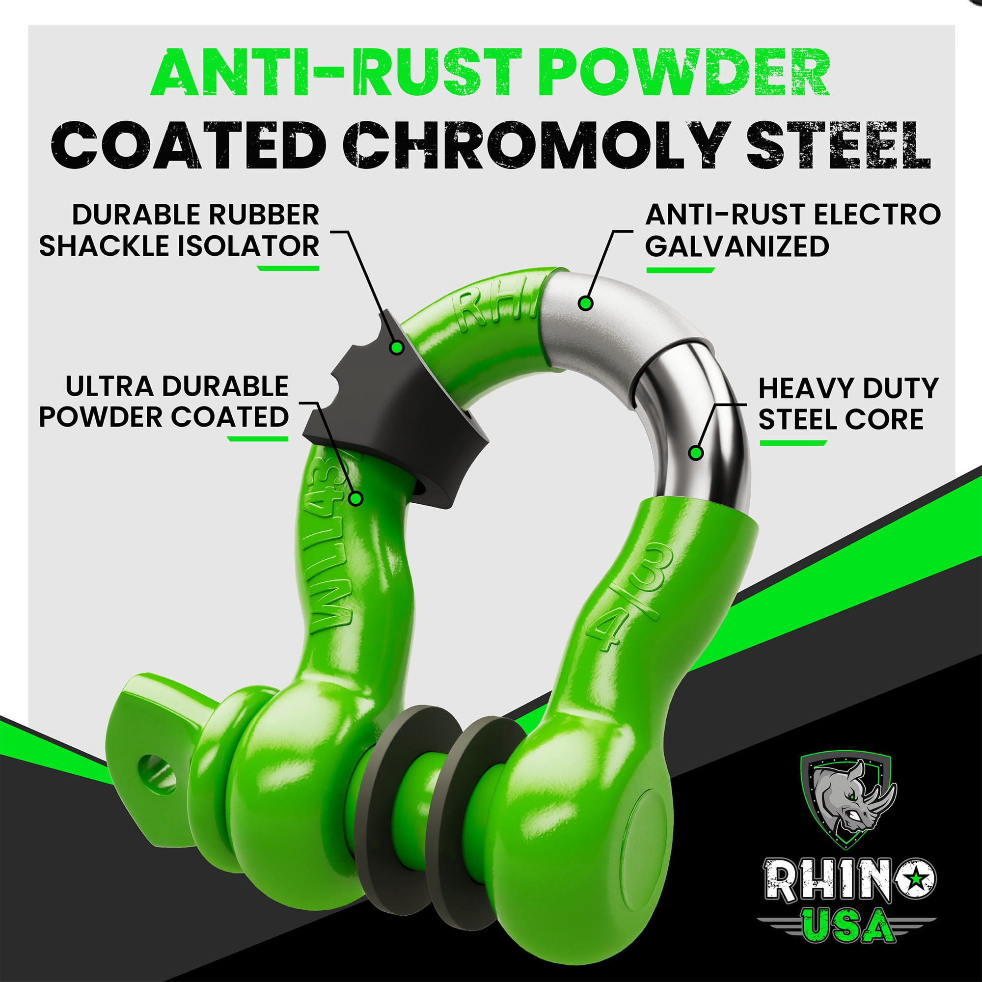 Rhino USA D Ring Shackle - 41,850lb Break Strength - Heavy Duty 3/4" Clevis Shackle w/ 7/8 Pin, Green 2pc