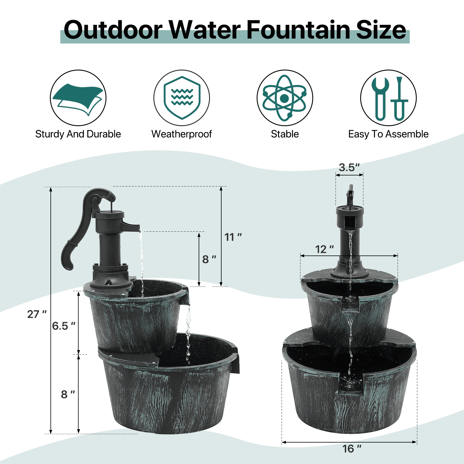 OSM Outdoor Water Fountain, 27" Tall 2-Tier Barrel Design with Waterfall and Electric Pump, Freestanding Water Feature for Garden, Patio, Backyard, Porch, 11 L Capacity, Dark Green