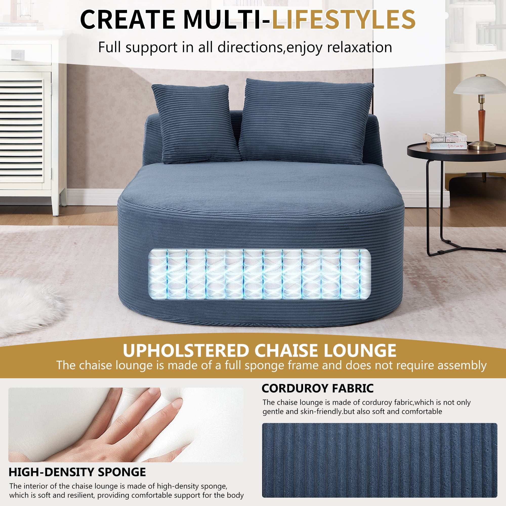 Leumius 68" Chaise Lounge Chair Indoor,Oversized Corduroy Upholstered Boneless Sofa Bed,Deep Seat Sleeper Couch Reading Chairs,Comfy Cloud Sofas Couches for Living Room,No Assembly Required,Blue