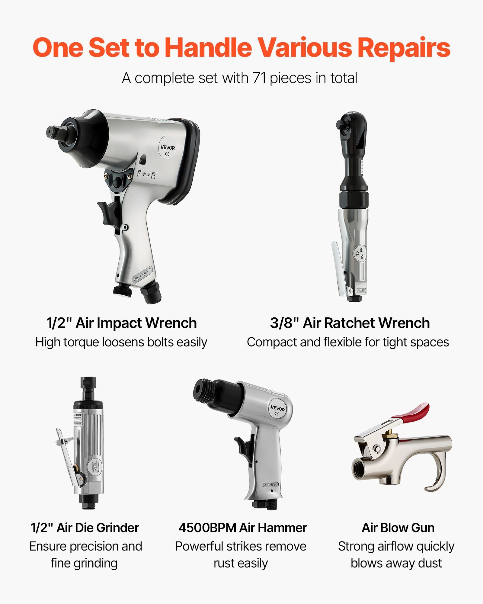 71 Piece Pro Air Tool and Accessories Kit with 1/2 Inch Air Impact Wrench 3/8 Inch Ratchet Wrench 1/2 Inch Die Grinder 4500BPM Hammer Blow Gun for Auto Repair Home DIY Projects Includes Storage Case
