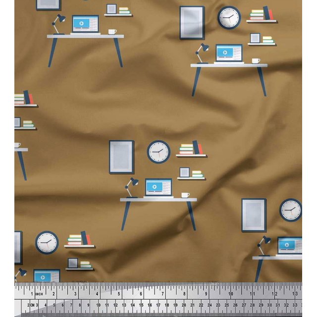 Soimoi Brown Modal Satin Fabric Monitor,Books & Study Table Education Theme Print Fabric by the Yard 42 Inch Wide