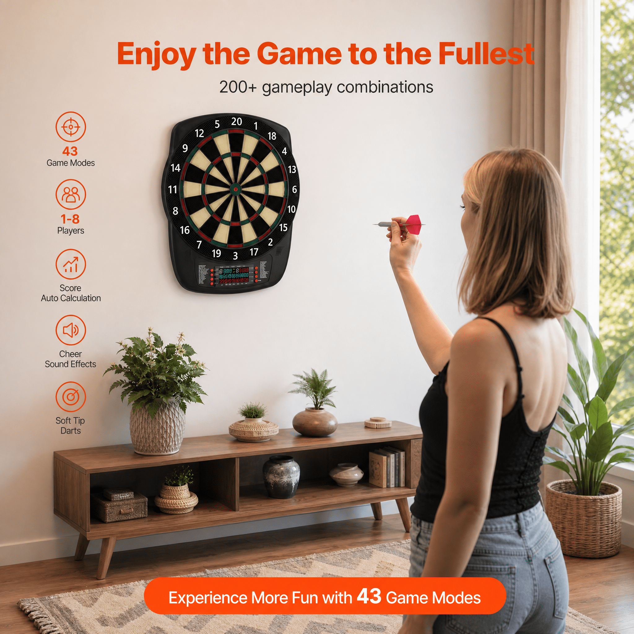 Electronic Dartboard 43 Game Modes 200+ Combinations 8 Players Color LCD for Home Office Bar Party