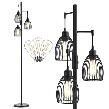 JURULU 70 inch Dimmable Floor Lamp, 3 x1000 LM Bulbs, Elegant Birdcage-Style Industrial Farmhouse Standing Tree Lamp, Perfect for Living Room, Bedroom, Office, Dining Room Decor - Black