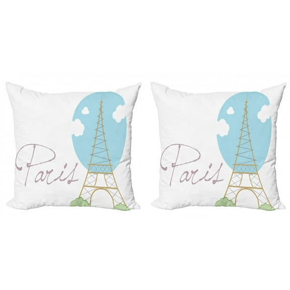Eiffel Tower Throw Pillow Cushion Cover Pack of 2, Calligraphy and High Monument Drawn by Hand, Zippered Double-Side Digital Print, 4 Sizes, Blue White, by Ambesonne