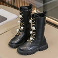 thumbnail image 3 of Girls Combat Boots Pearl Strap Lace up Chunky Non Slip Mid Calf Riding Booties Trendy Fall Dress Long Motorcycle Boots Black 3 Big Kids, 3 of 6