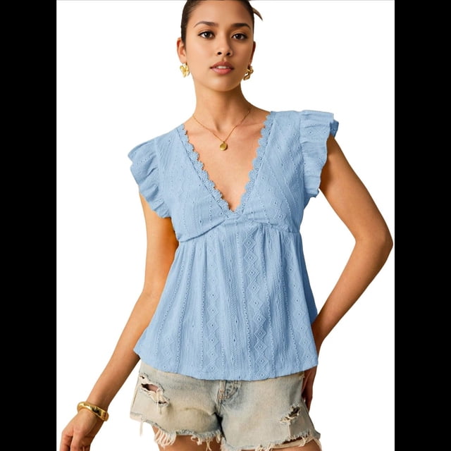 Blusa de Tirantes con Cuello en V, Mangas con Volantes y Ojales Acampanados para Mujer Azul L