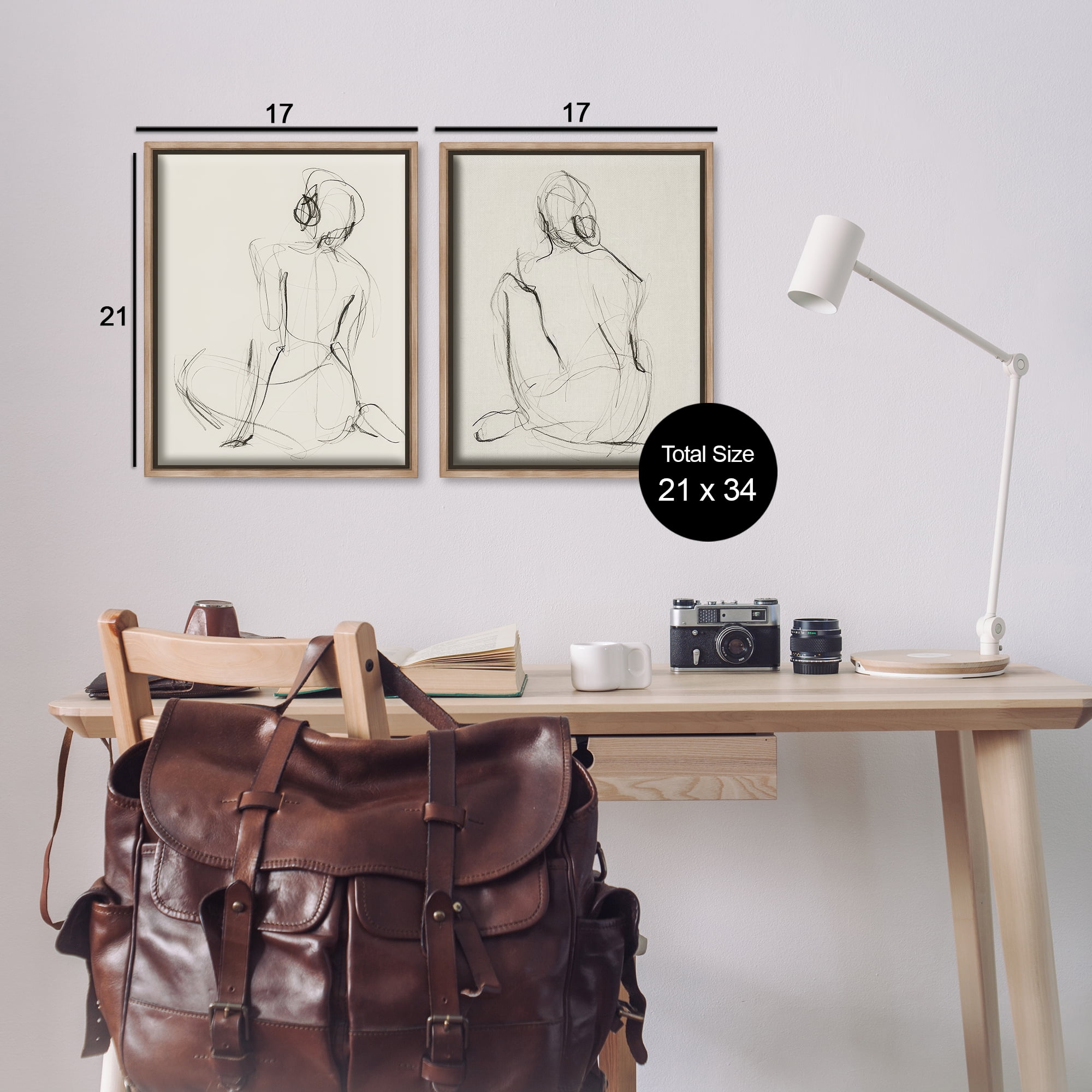 Stupell Industries Sitting Female Figure Drawing People Drawing Brown Floater Framed Canvas Art Print Wall Art, 17 x 21, Set of 2